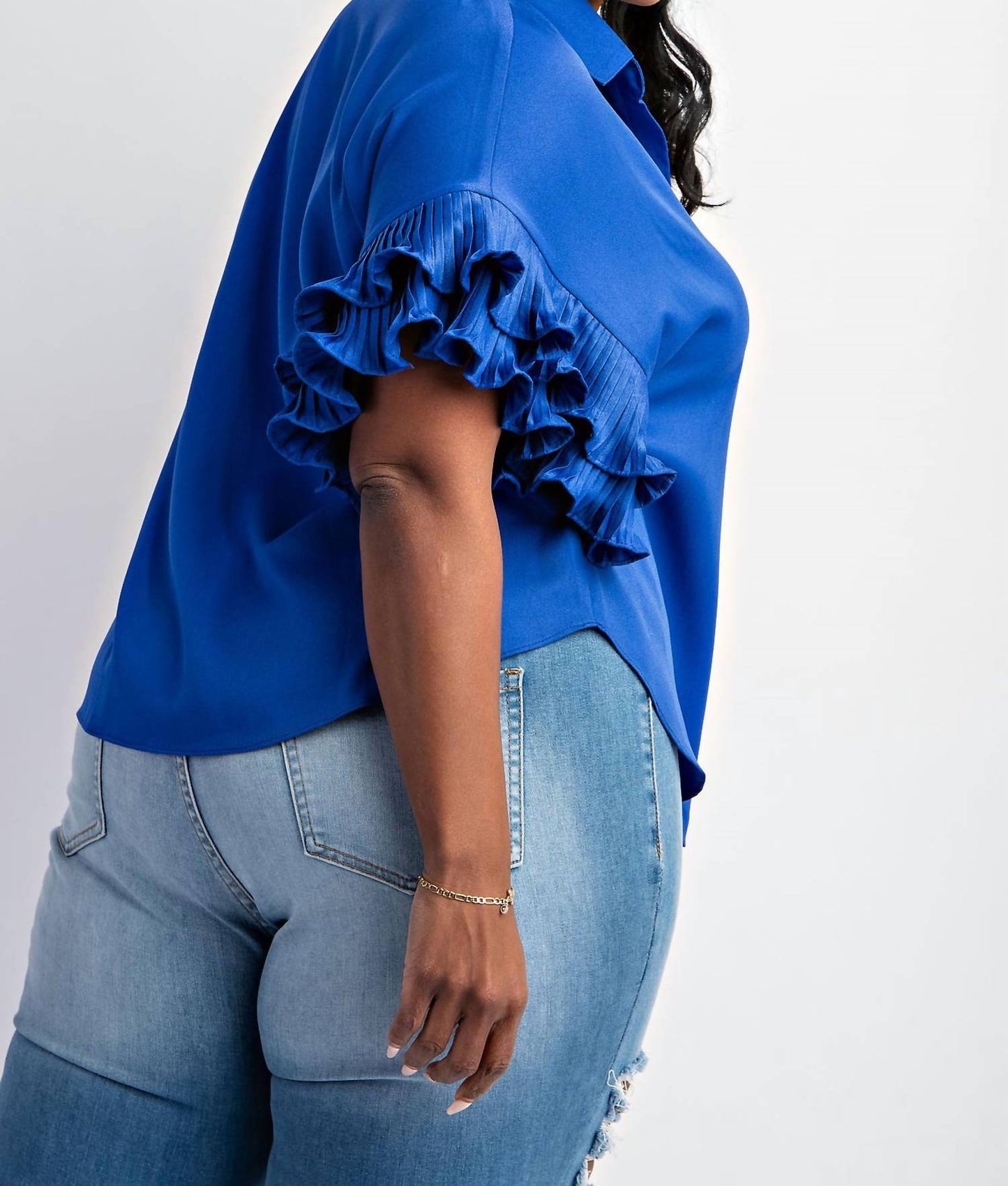 The Curve La - Plus Size Pleated Ruffle Sleeve Shirt Top
