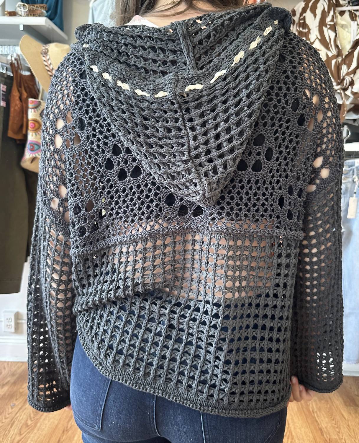 Pol - Crochet Hoodie Sweater With Contrasting Pocket Charcoal
