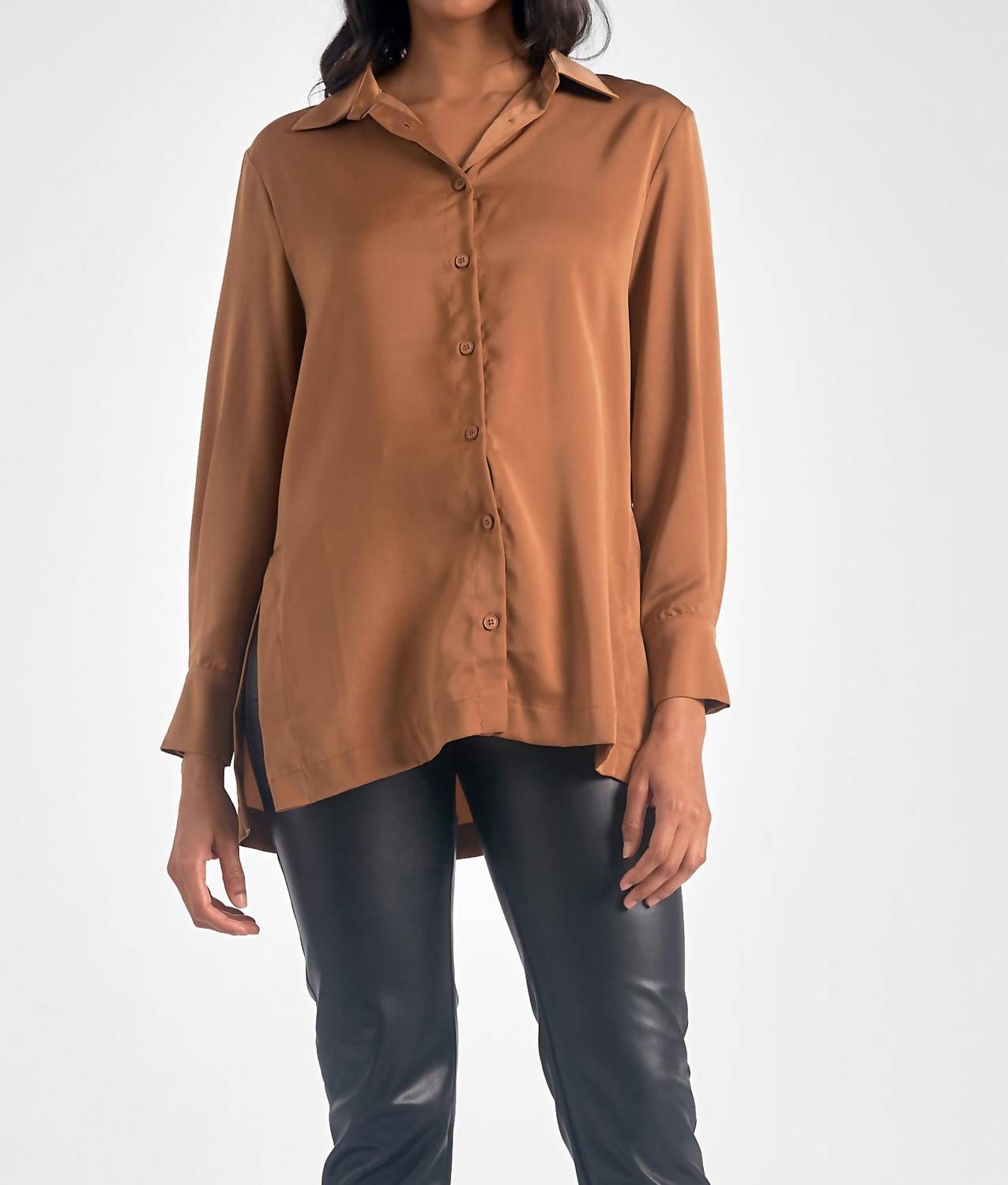Elan - Button Down High Slit Blouse