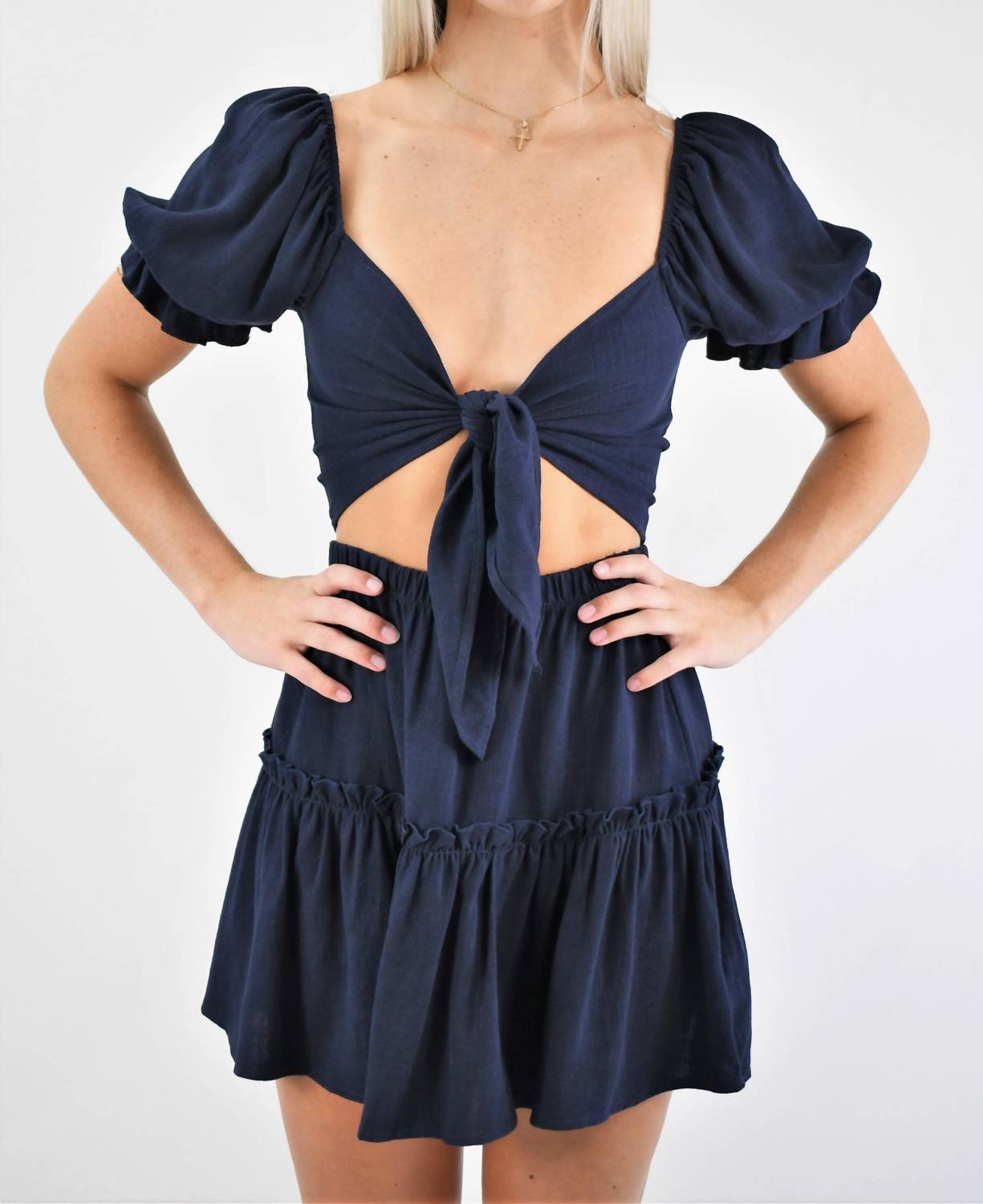 Blue Blush - Take It Away Front Tie Crop and Flounce Skirt Set