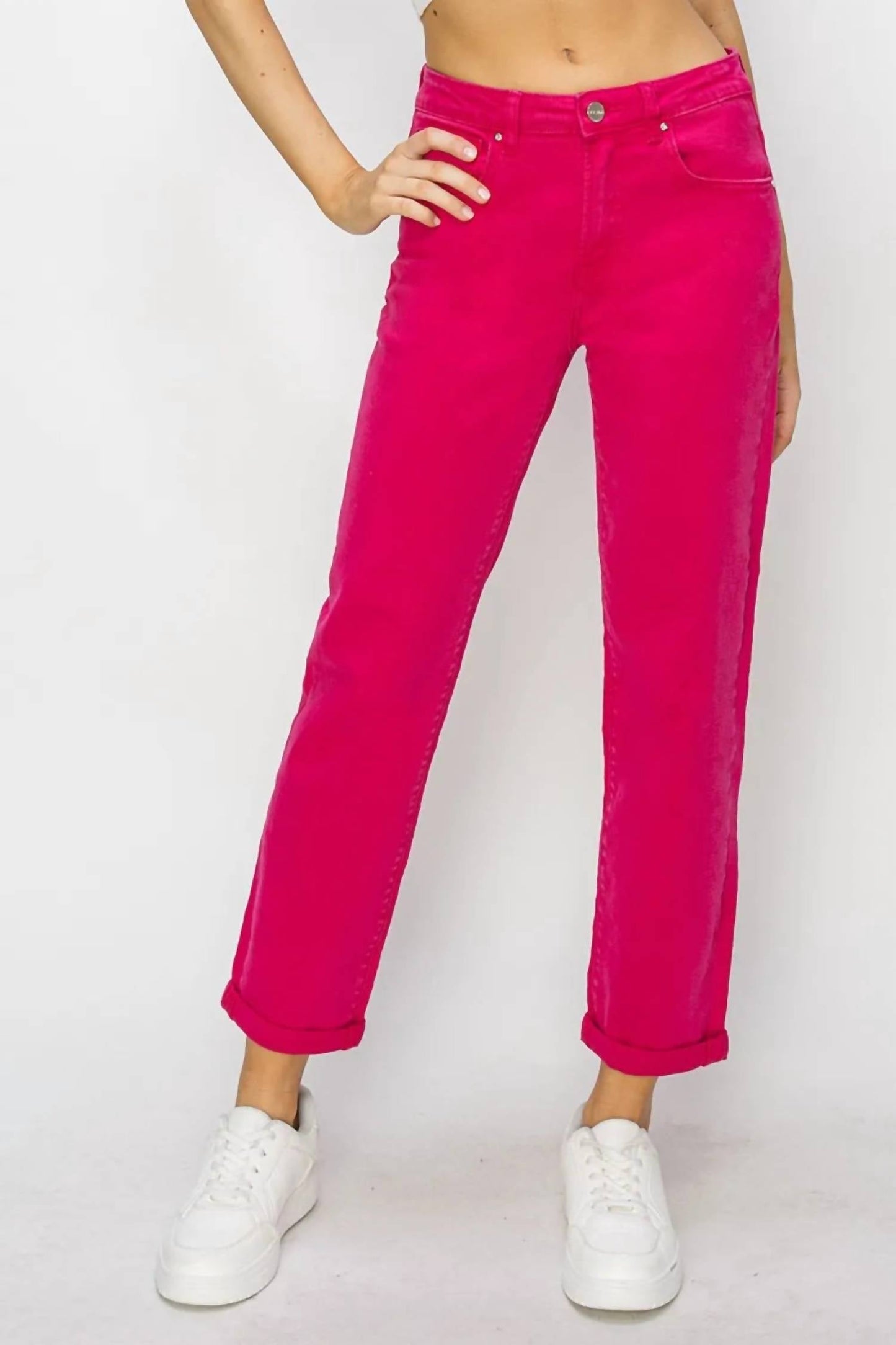 Risen - High Waist Rolled Hem Straight Jeans