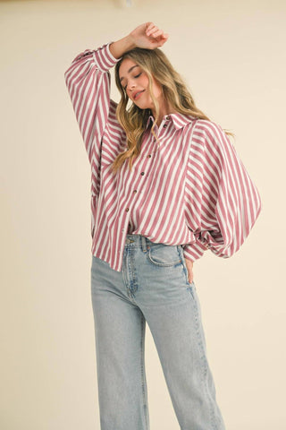 &amp;Merci - Blusa listrada com botões e manga morcego