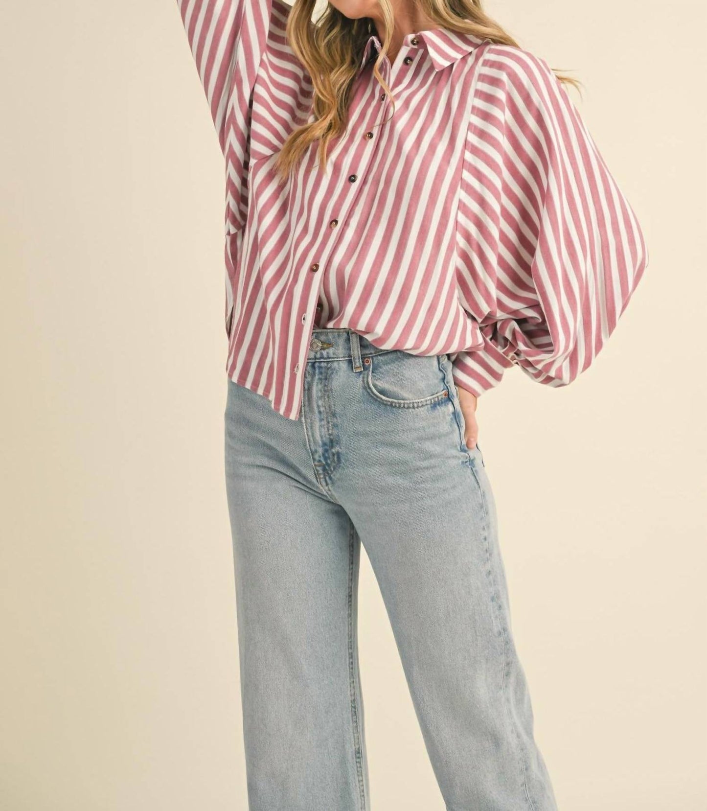 &Merci - Striped Button Batwing Sleeve Top
