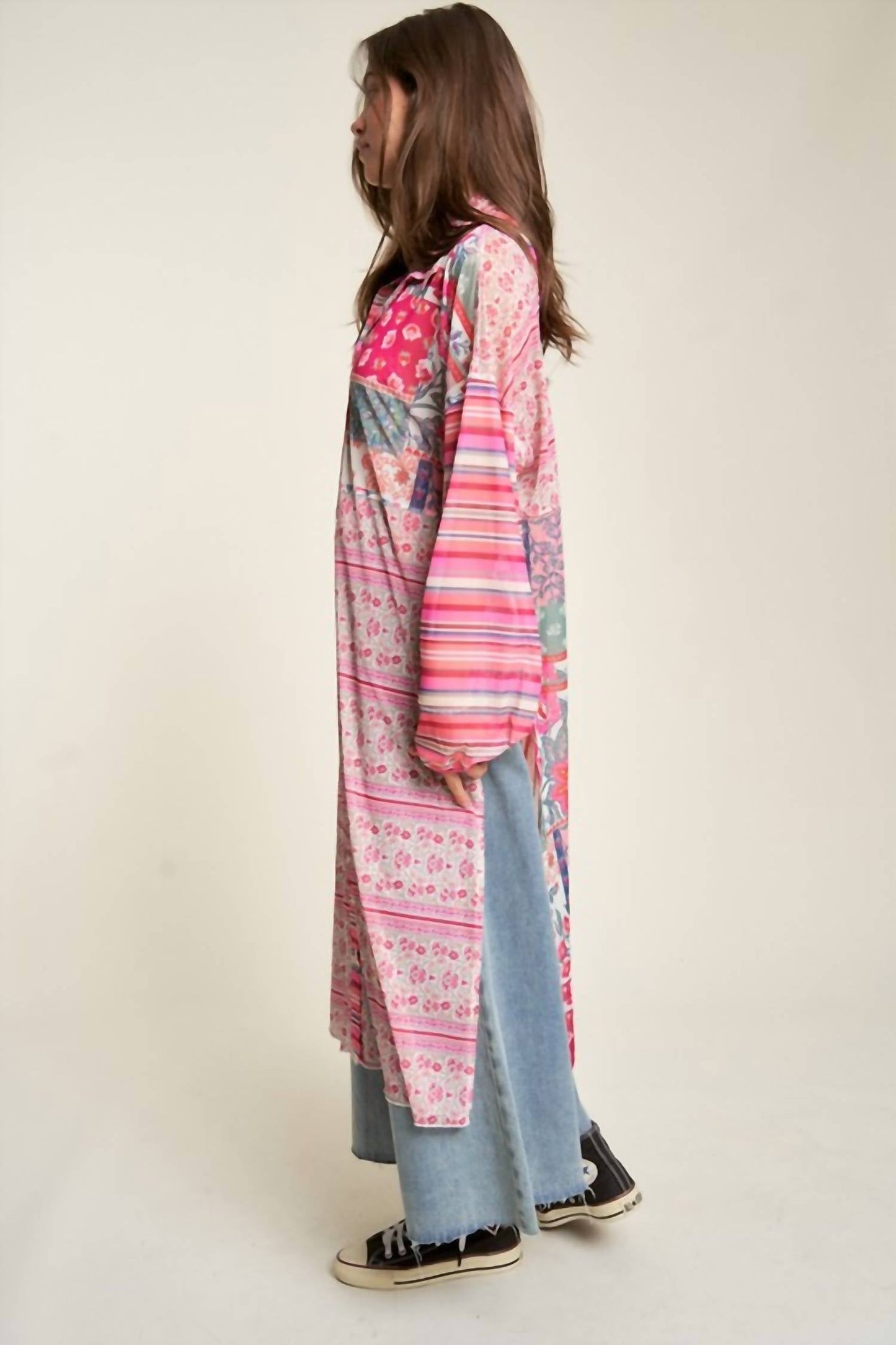 Davi & Dani - Mesh Print Mix Matched Button Front Cover Up