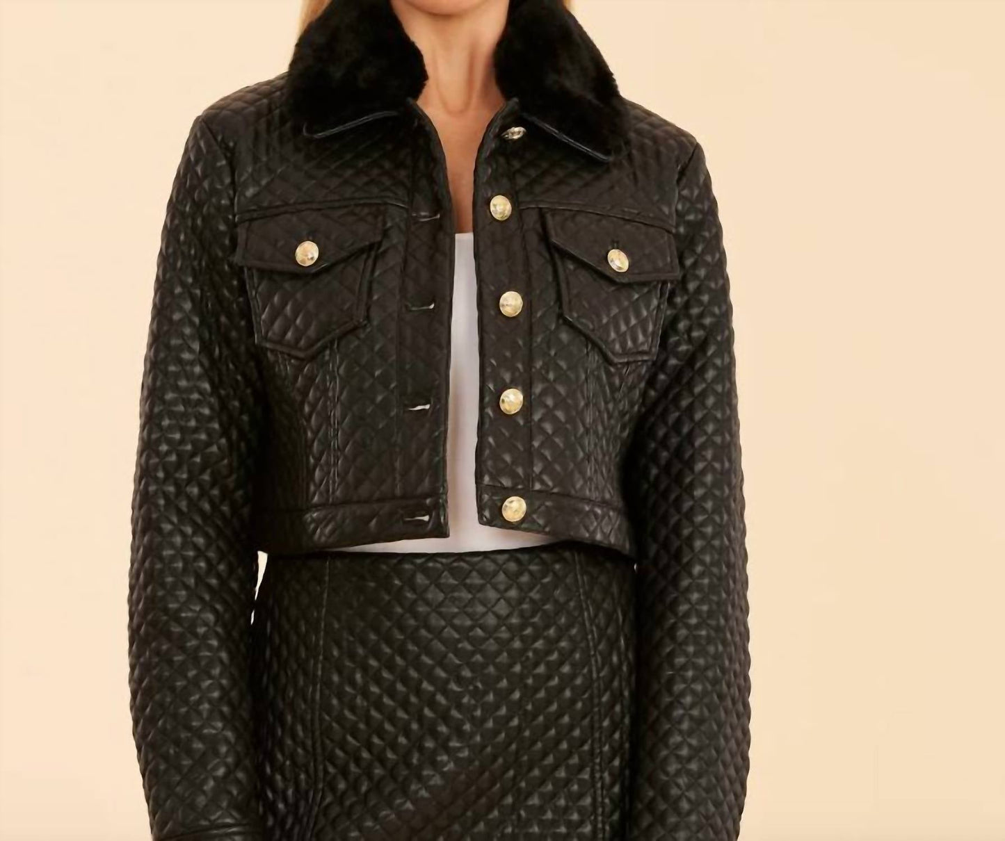 Dolce Cabo - Faux Leather Black Jacket with Detachable Collar