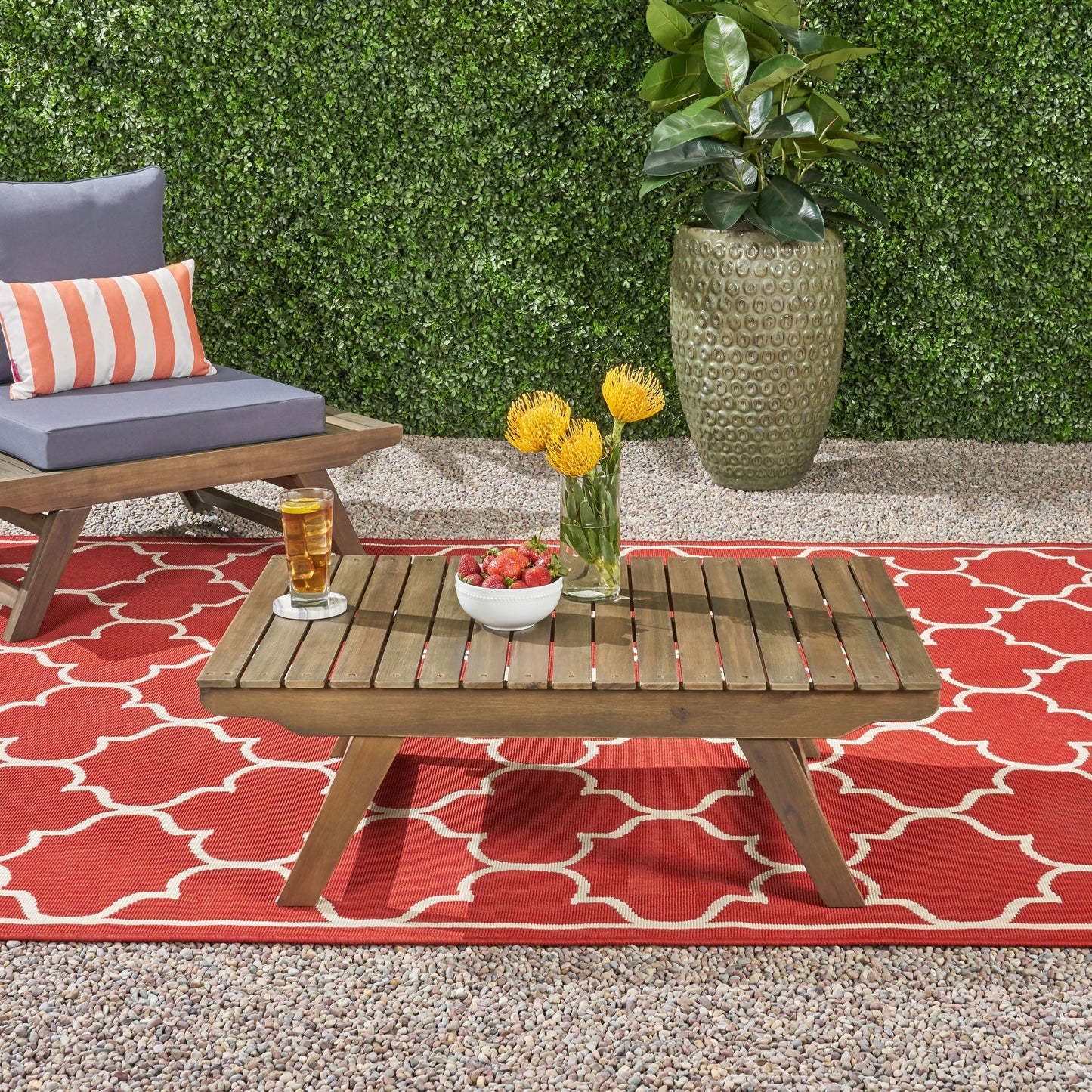 Outdoor Acacia Wood Coffee Table with Open Slat Design, Grey