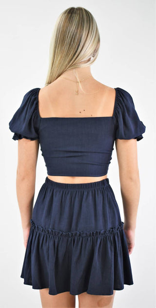 Blue Blush - Take It Away Front Tie Crop and Flounce Skirt Set