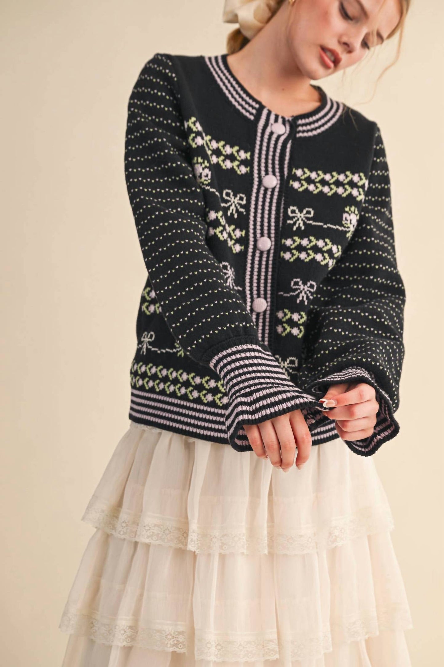 &Merci - Floral Ruffle Sleeve Sweater Cardigan