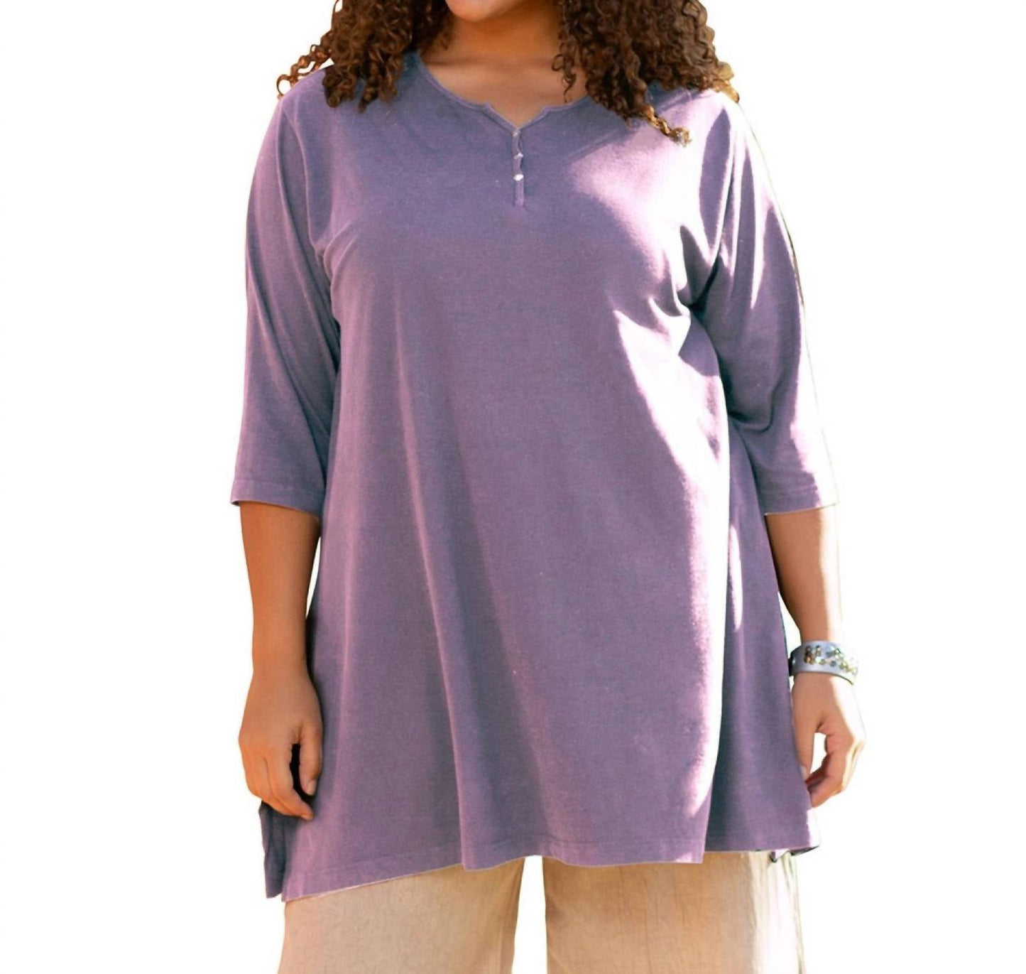 On The Plus Side - Plus Size Jersey Henley 3/4 Sleeve Tunic Top