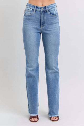 Judy Blue - Calça Jeans Bootcut de Cintura Alta com Bainha Desfiada