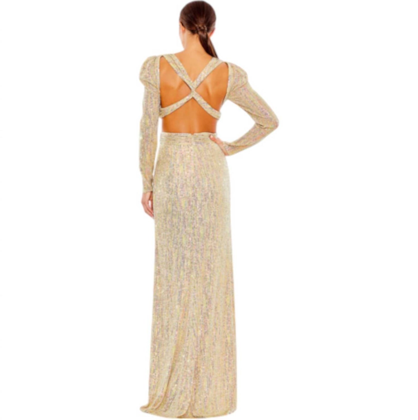 Ieena For Mac Duggal - Metallic Puff Sleeve Front Twist Cut-out Gown