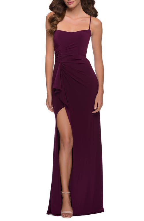 La Femme Square Neck Side Slit Matte Jersey Gown in Dark Berry, Size 6