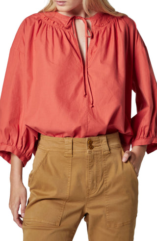 Joie Barrian Tie Front Cotton Peasant Blouse - Warm Spice