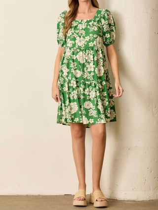 Baevely By Wellmade - Dolly Floral Print Balloon Sleeve Tiered Dress