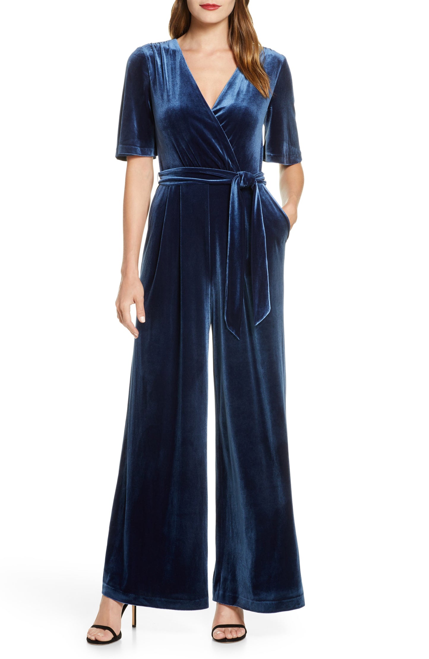 Eliza J Women's Blue Wide Leg Faux Wrap Jumpsuit