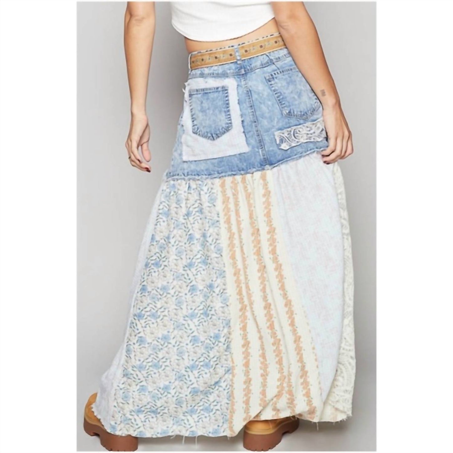 Pol - Woven Floral Print Mixed Skirt