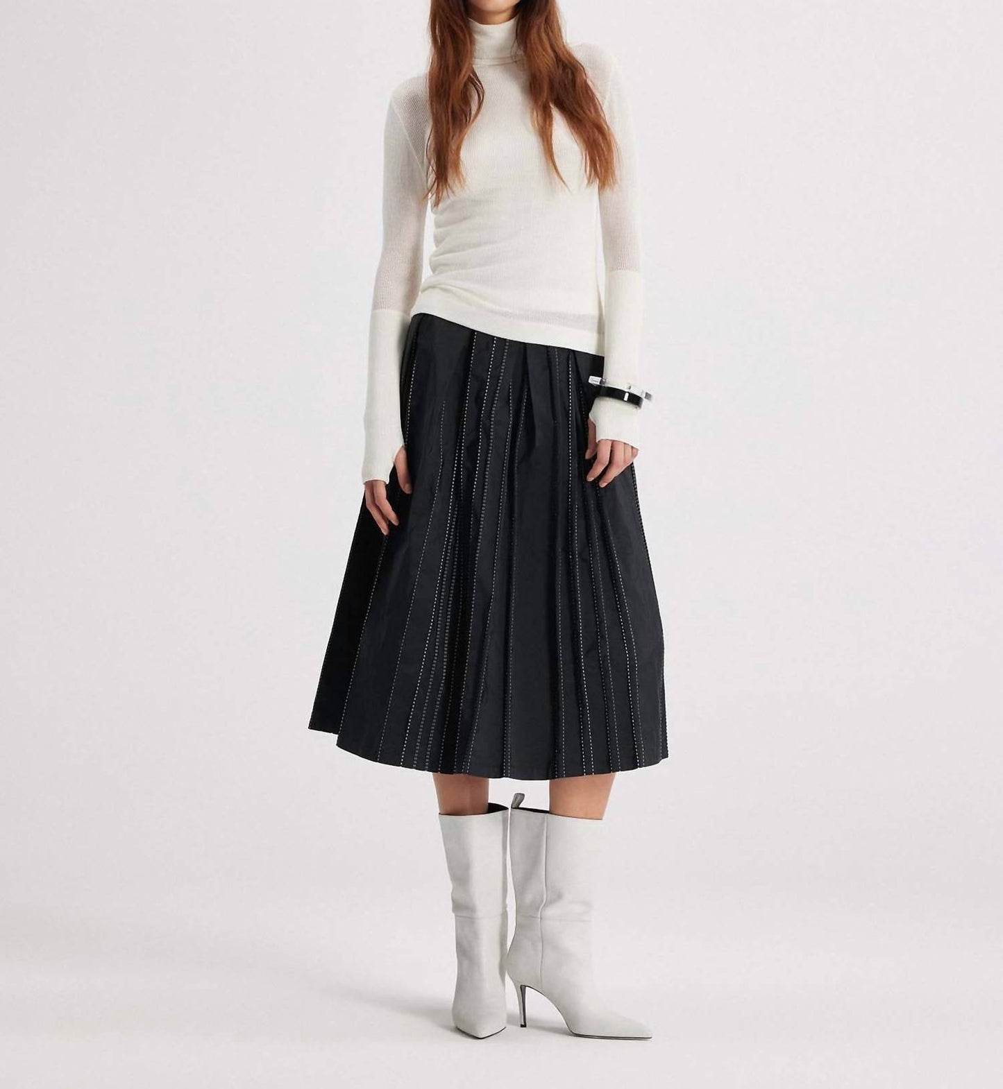 Theo The Label - Women's Theia Striped Taffeta Pleated Midi Skirt