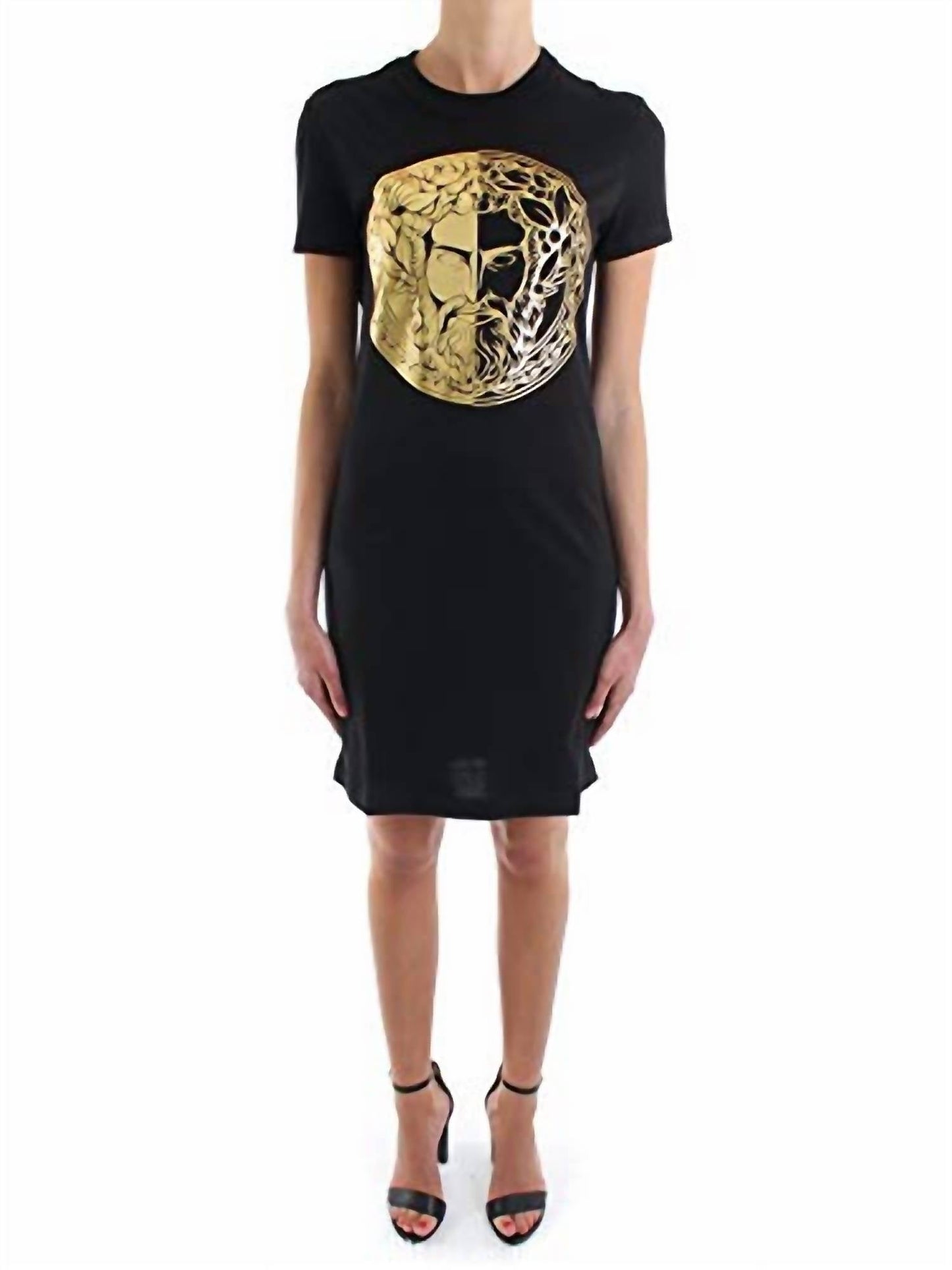 Versace - Vestido camiseta com logotipo dourado feminino Couture