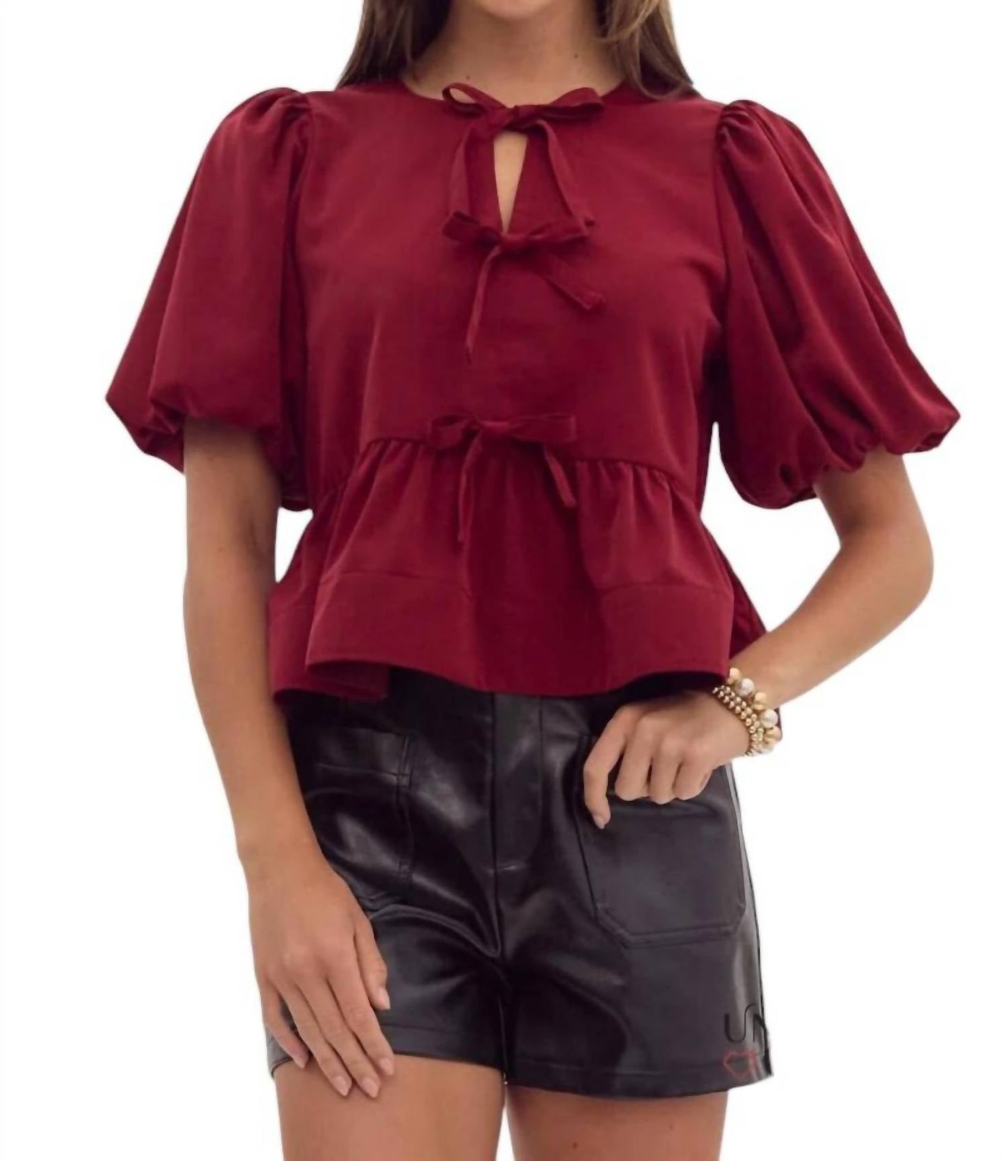 Entro - Danielle Puff Sleeves Bow Detail Top