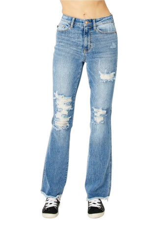 Judy Blue - Calça Jeans Bootcut Destroy Fray Hem de Cintura Alta