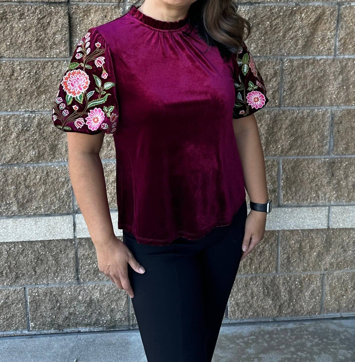 Thml - Embroidered Velvet Puff Sleeve Top