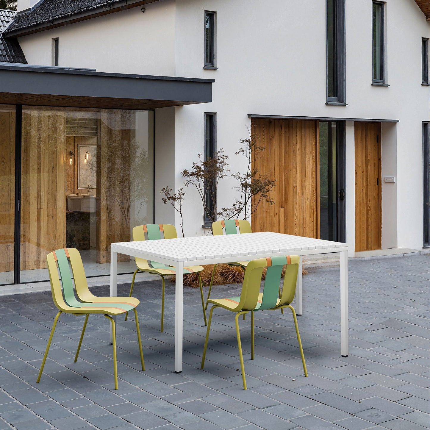 4 Piece Set of Modern Striped Color-Blocking Single Chairs with Long Table