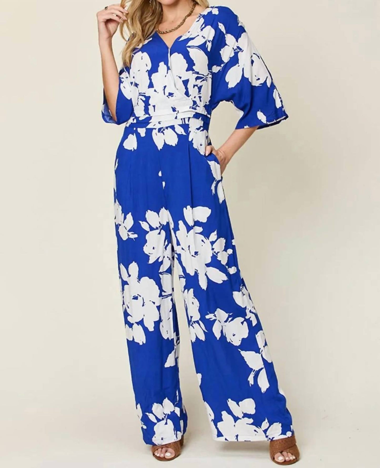 Double Take - Full Size Printed Tie Back Wide Leg Jumpsuit