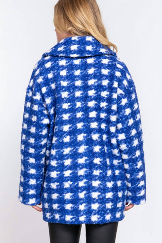 Active Usa - Double Breasted Check Print Boucle Fleece Coat