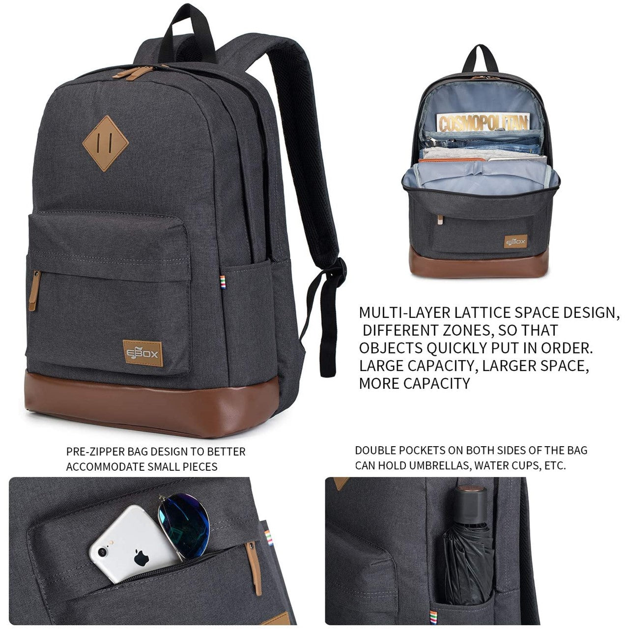 Mochila de viagem Ebox Classic com compartimento para laptop e armazenamento para tablet de 15,6"