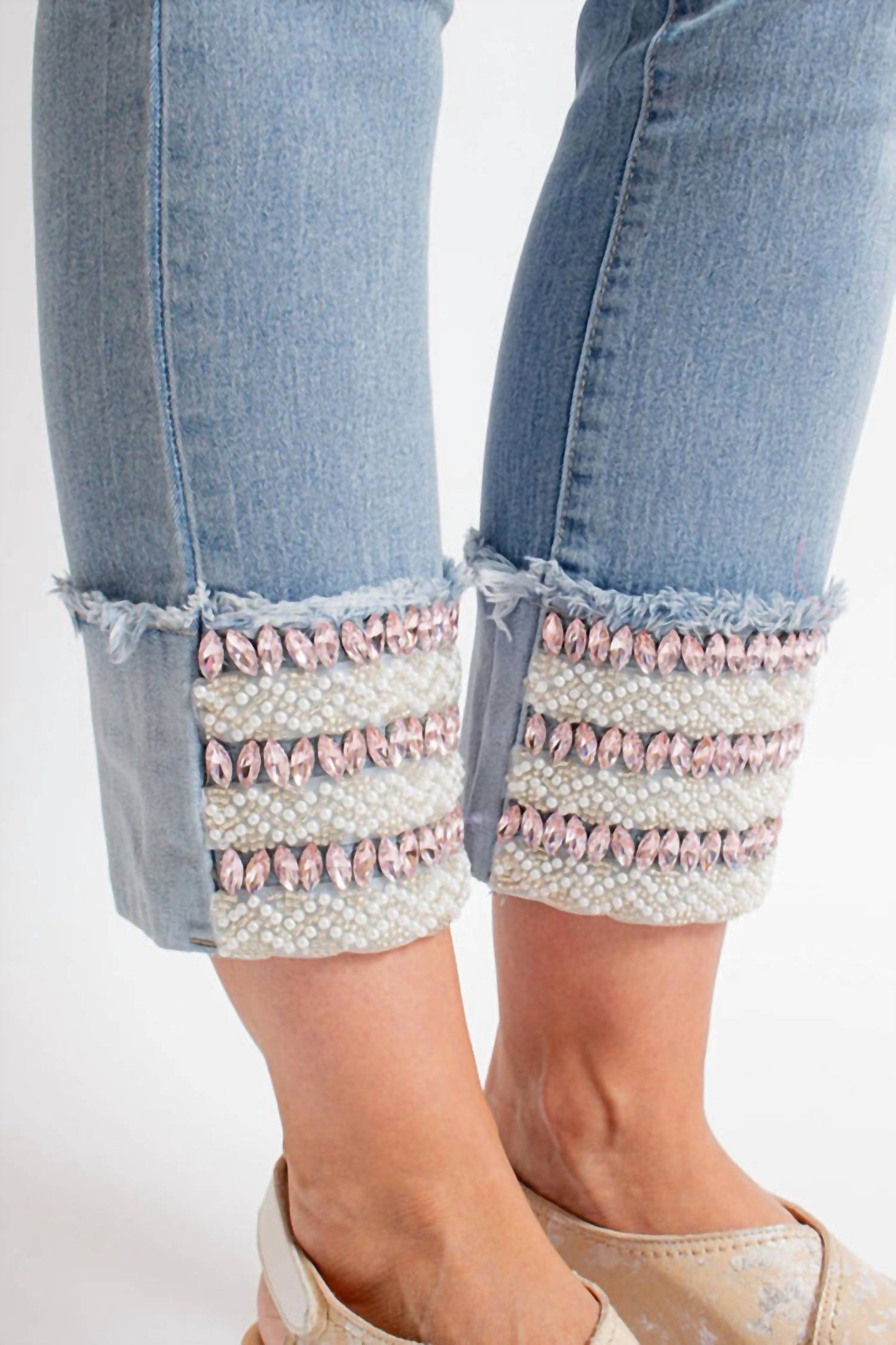 Azi - Rhinestone Crystal Hem Crop Jeans