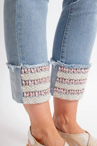 Azi - Rhinestone Crystal Hem Crop Jeans