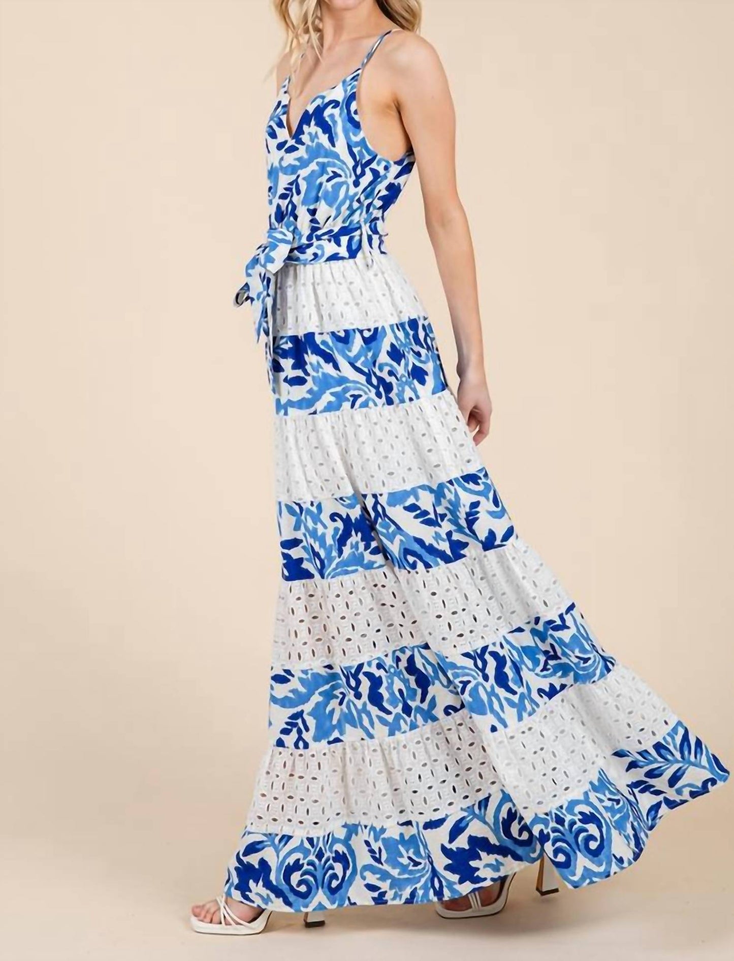 Geegee X Lovelo - Floral Eyelet Lace Tiered Maxi Sundress
