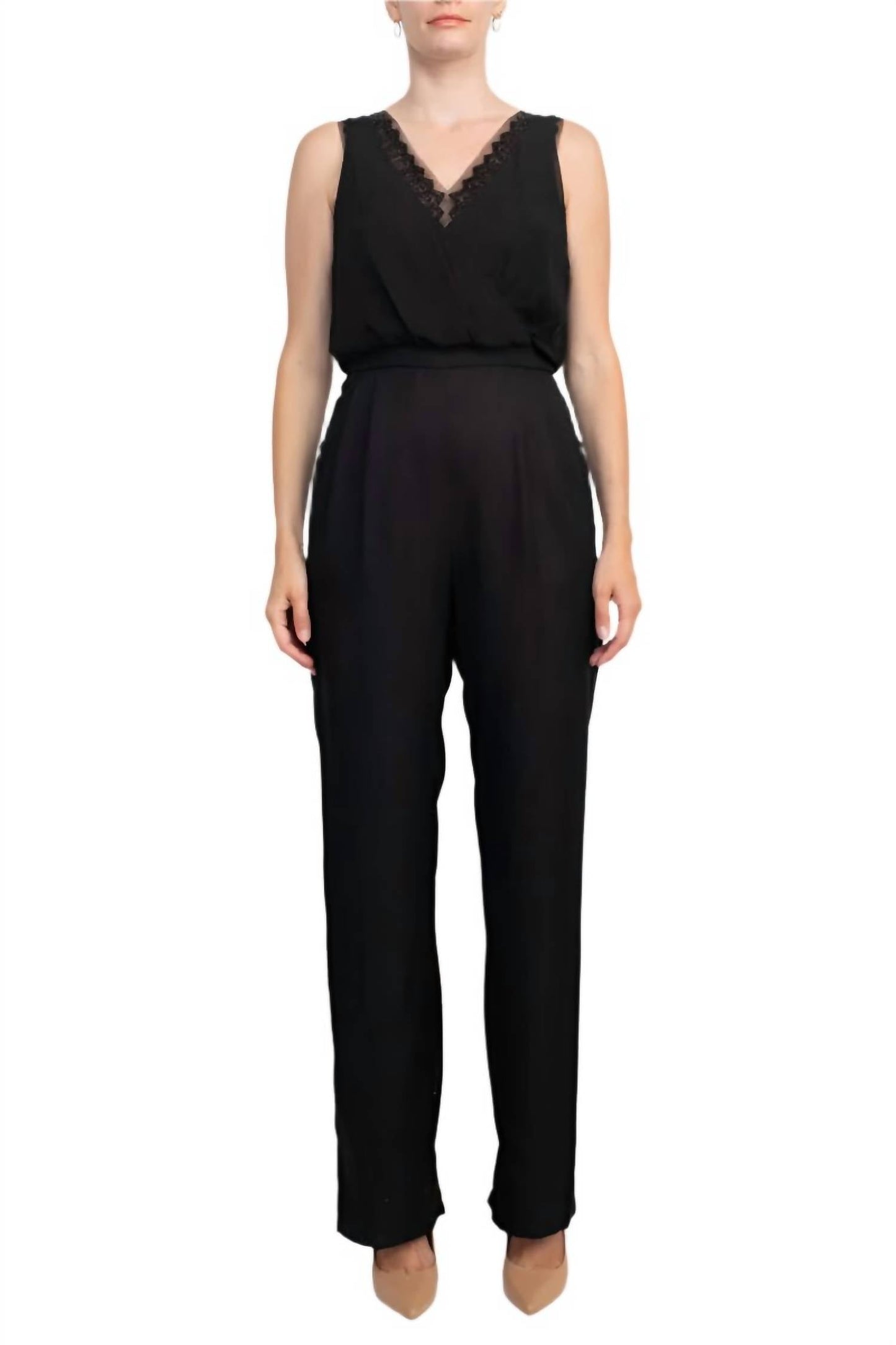 Adrianna Papell - Scalloped V-neck Sleeveless Jumpsuit