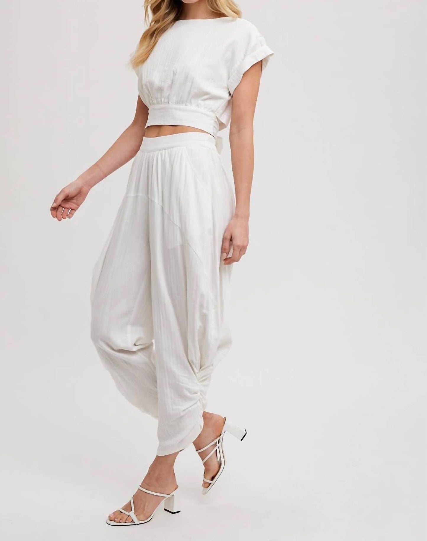 Bluivy - Cropped Ribbon Tie-back Top With Matching Harem Pants
