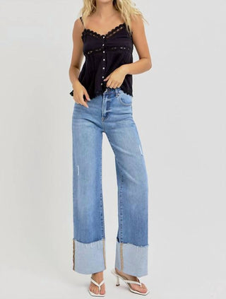 Risen - Calça Jeans de Cintura Alta e Punho Largo