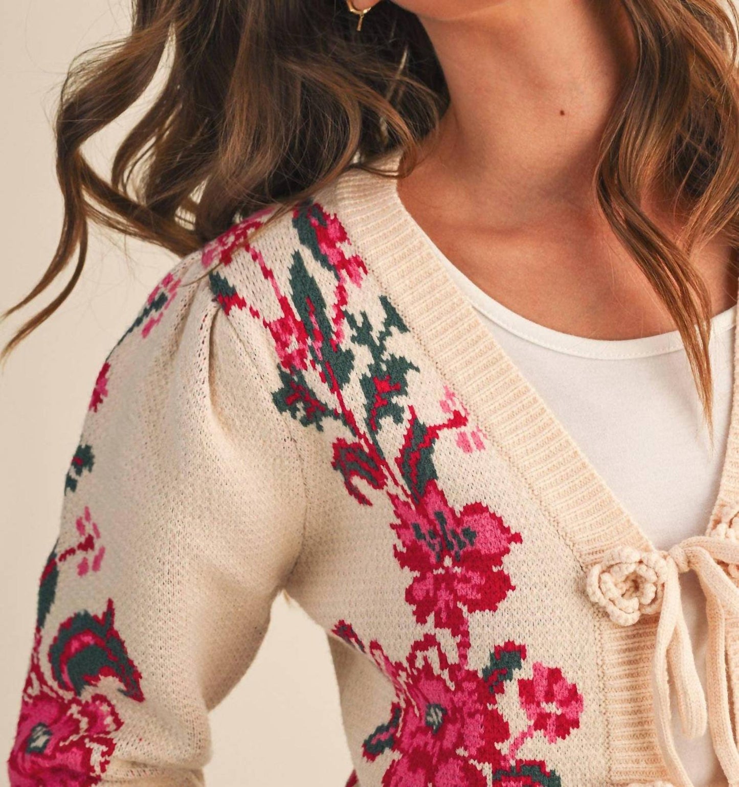 &Merci - Floral Knit Tie-front Cropped Sweater Cardigan