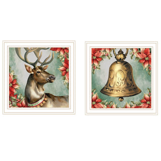 Trendy Decor 4U 2-Piece Vignette “Old World Reindeer & Bell” White Framed Wall Art by Nicole DeCamp