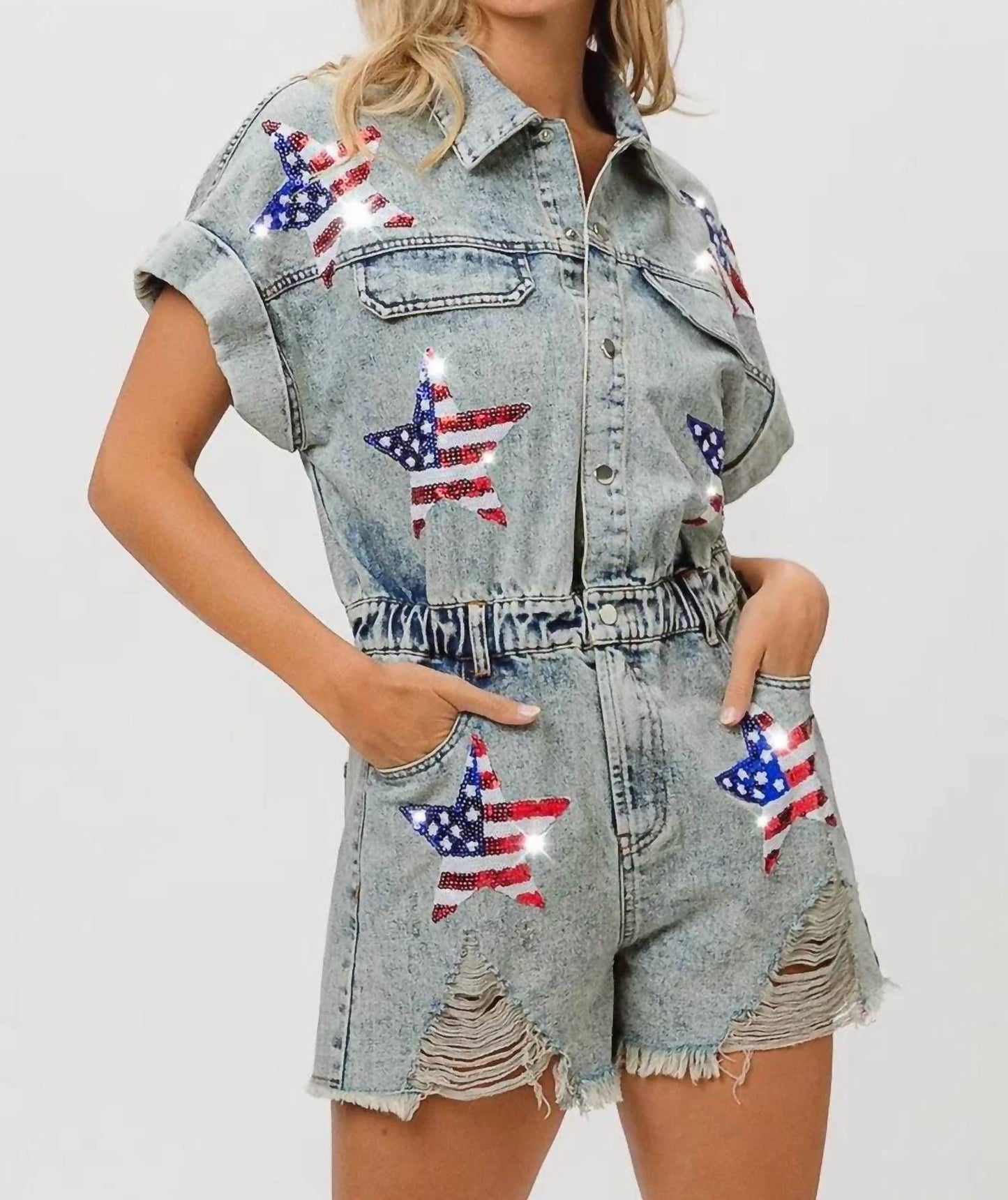 Trendsi - BiBi American Flag Washed Romper