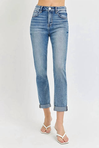 Risen - Calça jeans cropped de cintura alta e enrolada tamanho grande