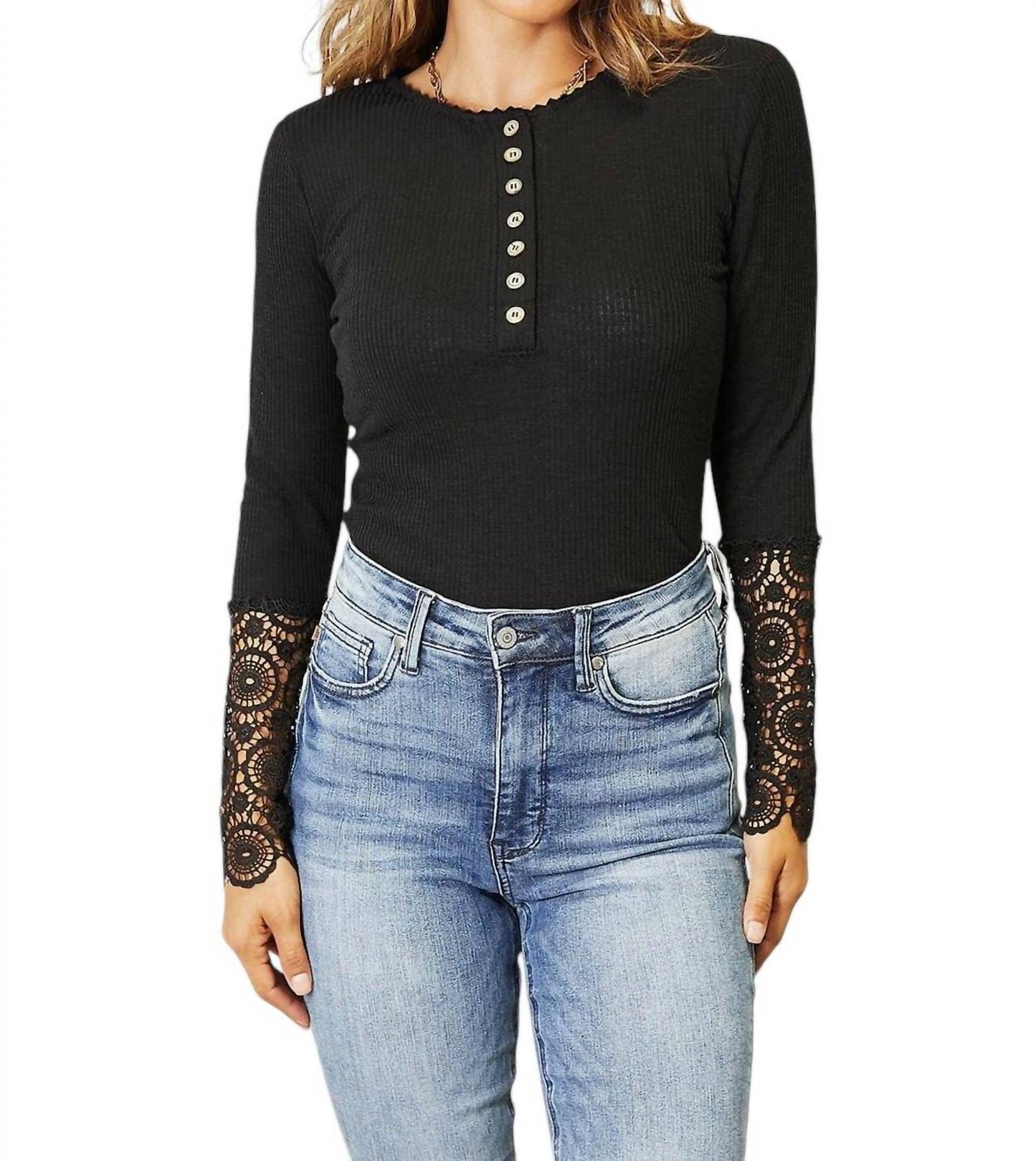 Double Take - Elegant Crochet Lace Border Sleeve Button Blouse