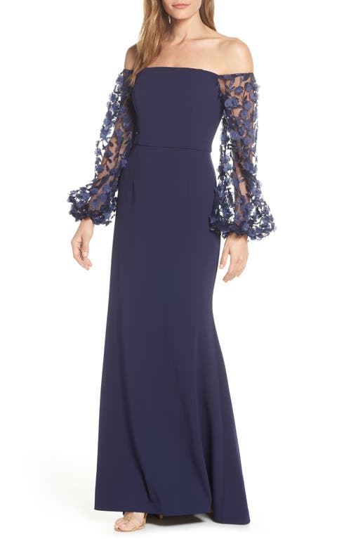 Eliza J Off the Shoulder 3D Floral Sleeve Scuba Crepe Evening Dress Navy Size 14