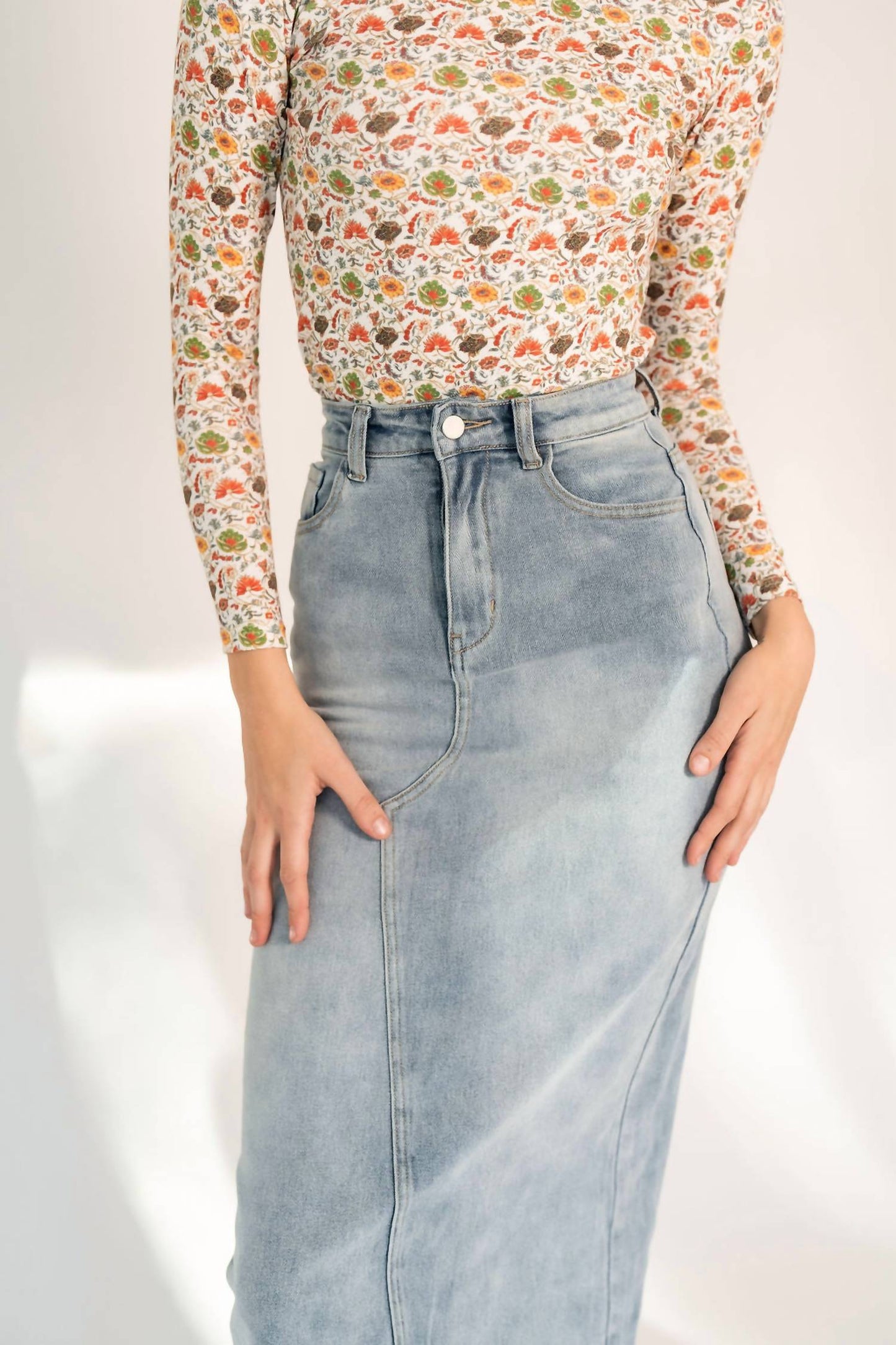 Recollection Brand - Frayed Hem Asymmetrical Stretch Denim Maxi Skirt