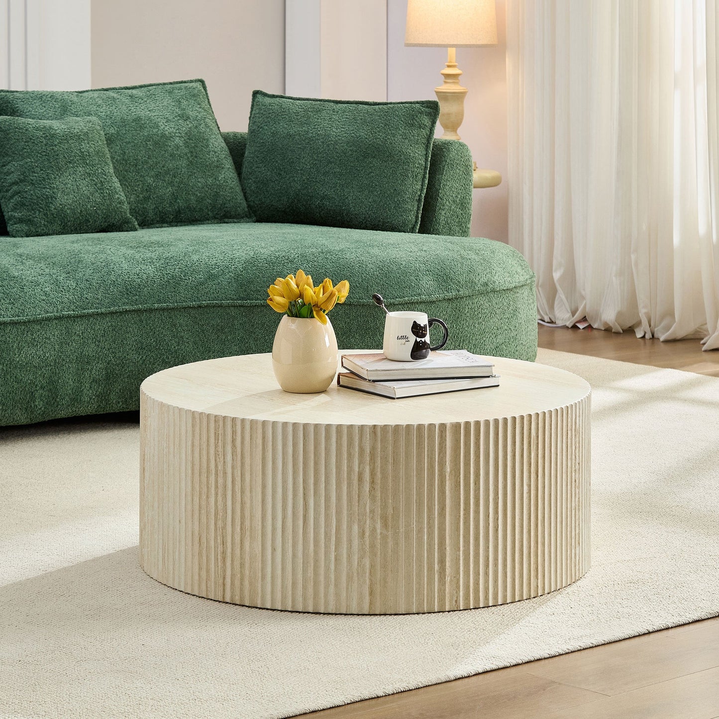 Faux Travertine Round Coffee Table with Eye-Catching Relief Design