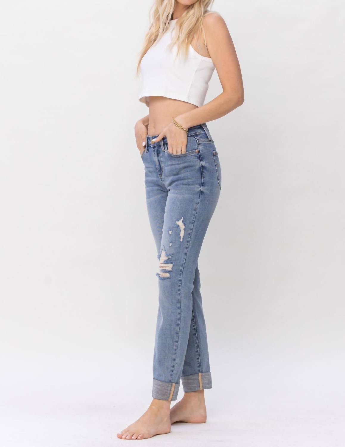 Judy Blue - Mid Rise Knee Destroyed Cuffed Long Boyfriend Denim Jeans