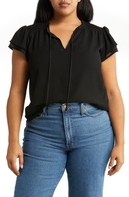 CeCe Smocked Shoulder Ruffle Sleeve Blouse in Rich Black, Size 3X