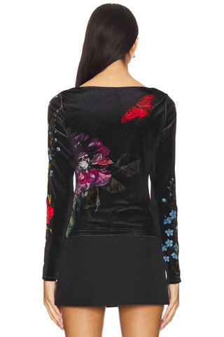 Alice + Olivia - Delaina Scoop Neck Long Sleeve Velvet Top
