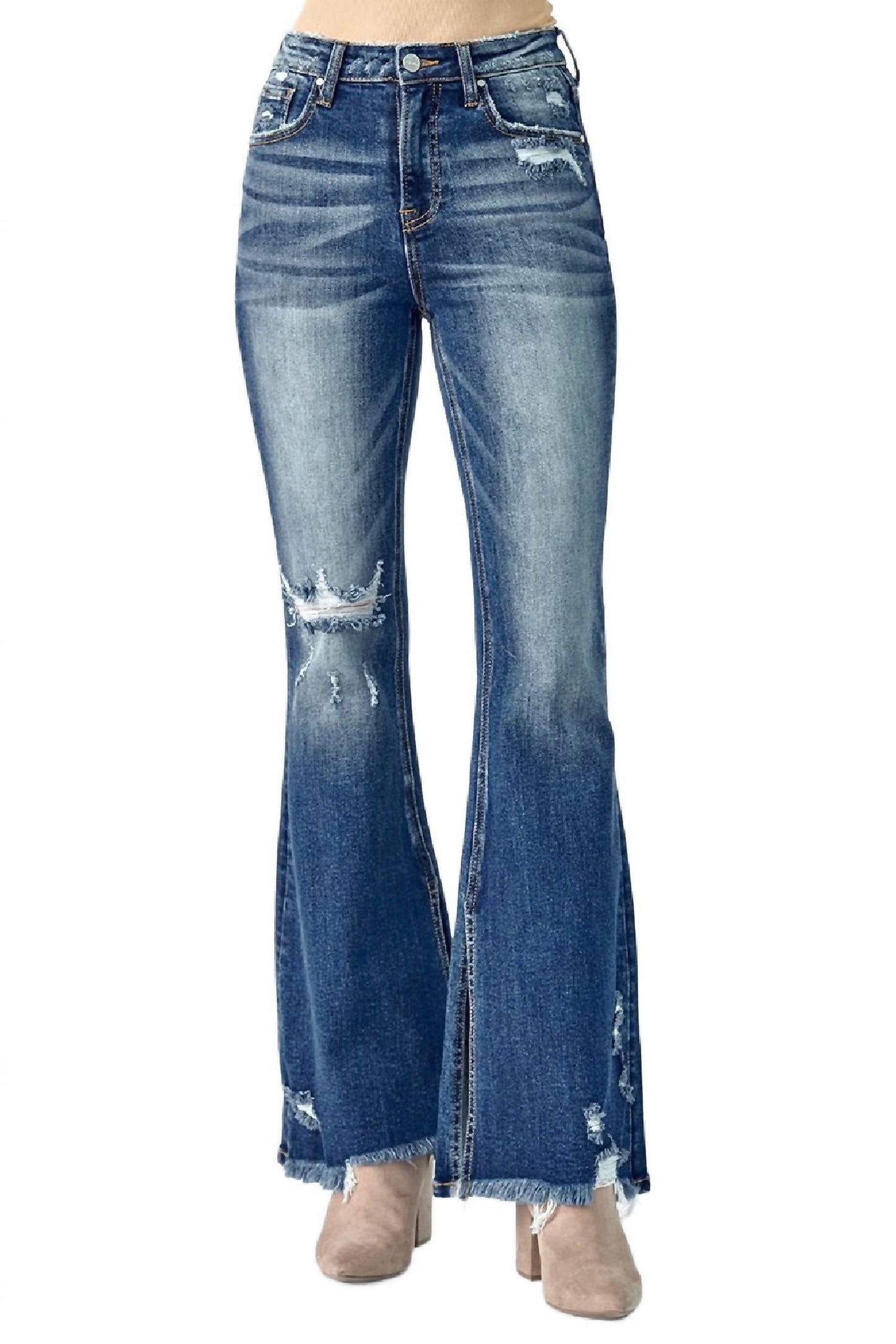 Risen - Women's Flare Distressed High Rise Slit Jeans
