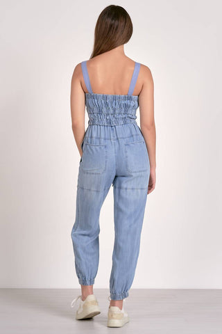 Elan - Smocking And Tie Waist Denim Jumpsuit