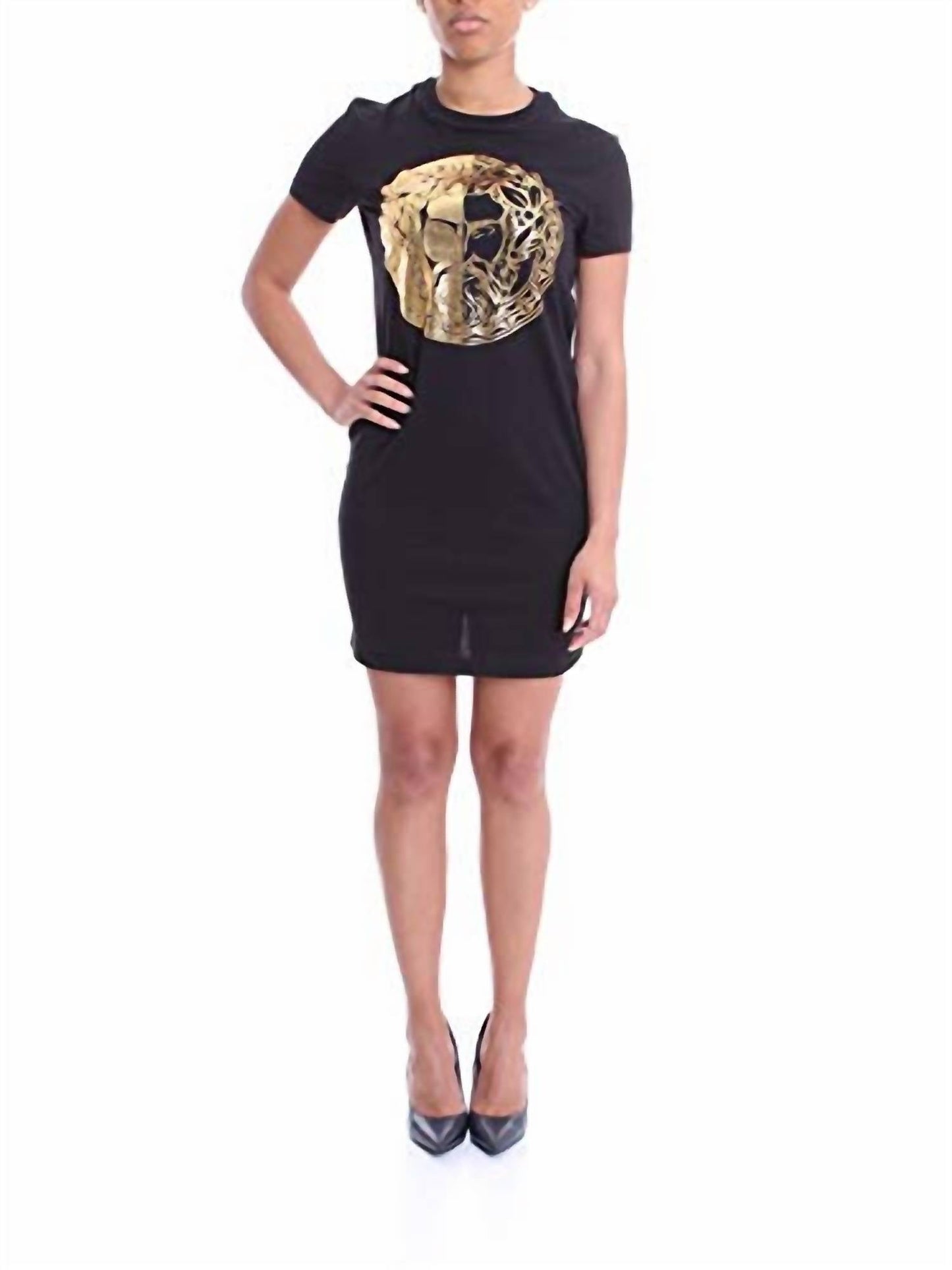 Versace - Vestido camiseta com logotipo dourado feminino Couture