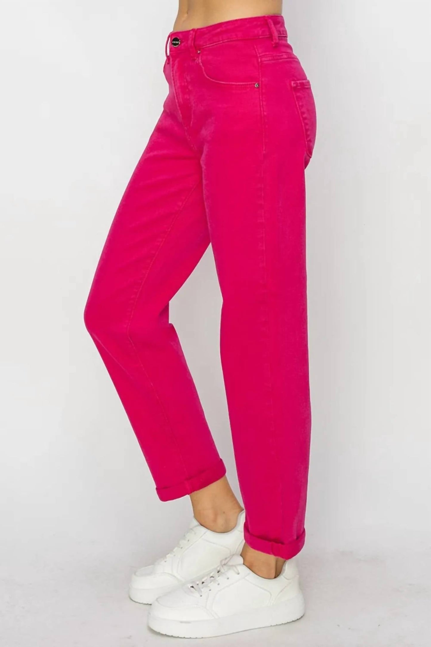 Risen - High Waist Rolled Hem Straight Jeans